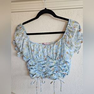 Grave Fame Juniors M Floral Blue Ruched Women's Top